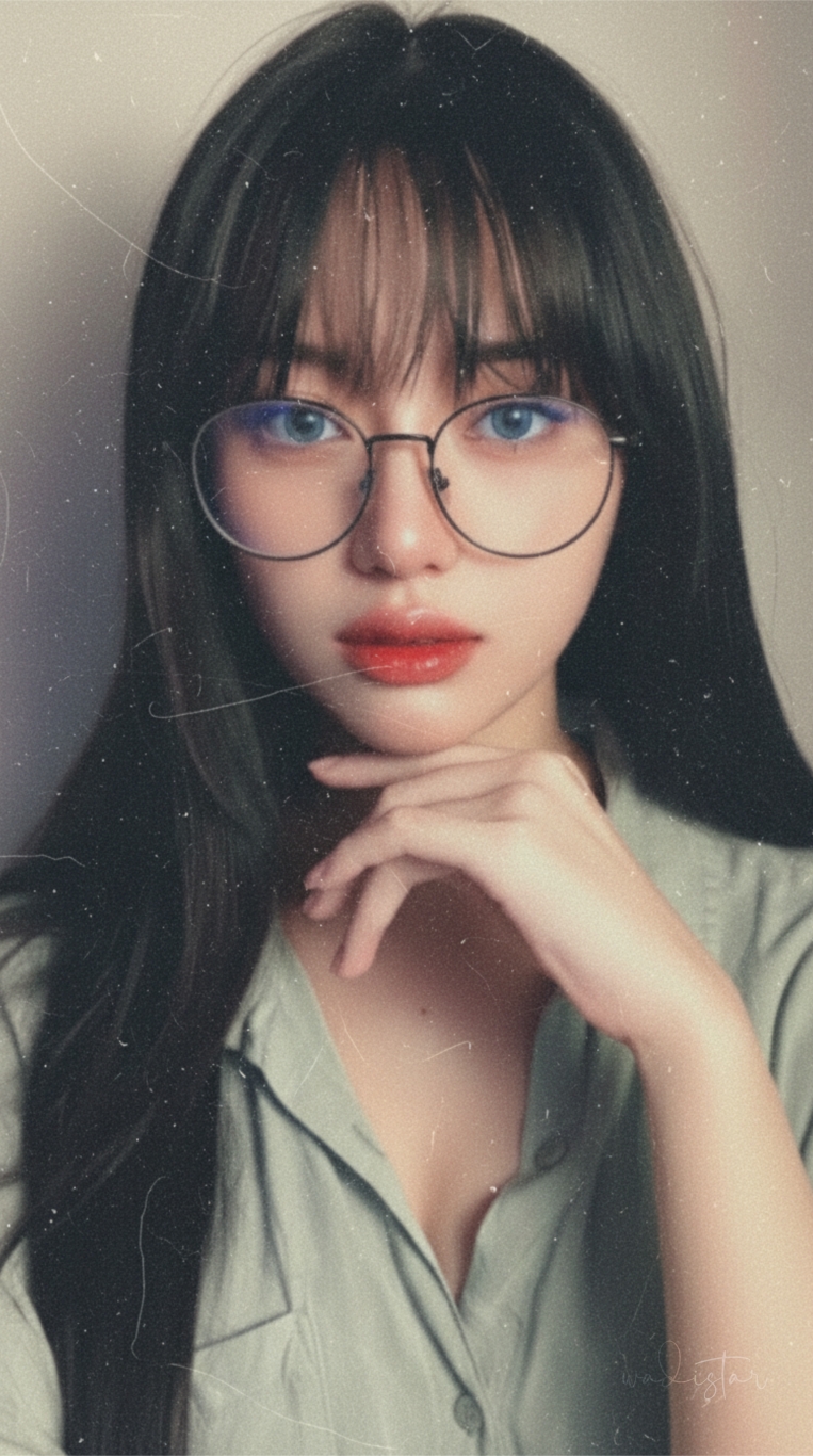 Crimson Lips, Azure Gaze – Highlights the striking contrast between her red lipstick and blue eyes - AI generated image