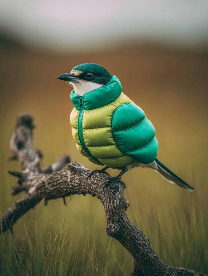 Bird in an inflatable down jacket - AI generated image