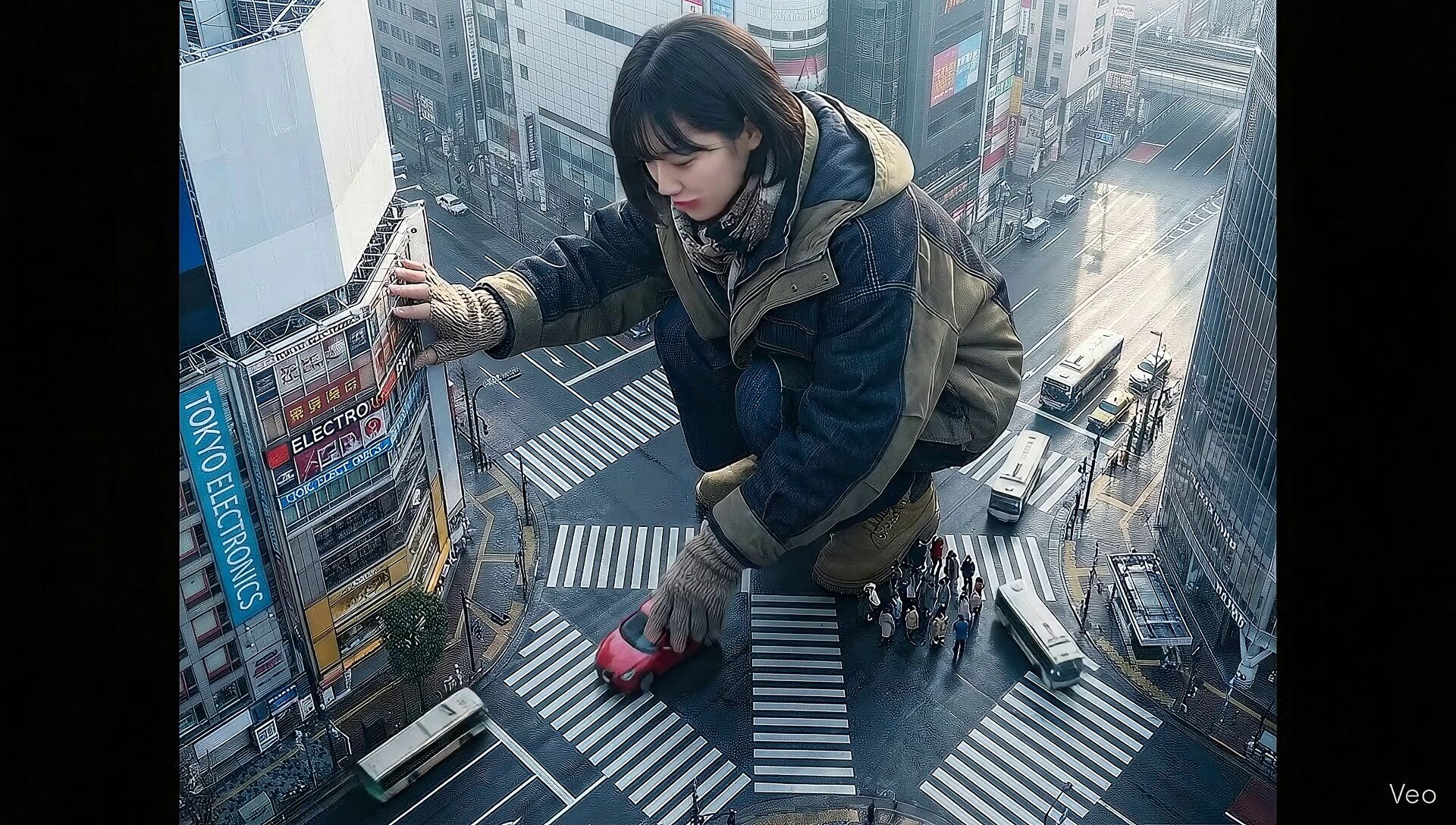 Colossal Korean Woman Driving Tiny Car in Tokyo Street - AI generated image