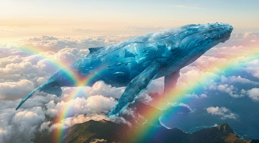 Cinematic Ocean Wonders: A Translucent Blue Whale Dances in Golden Hour Light Created by Nano Banana Pro - AI generated image