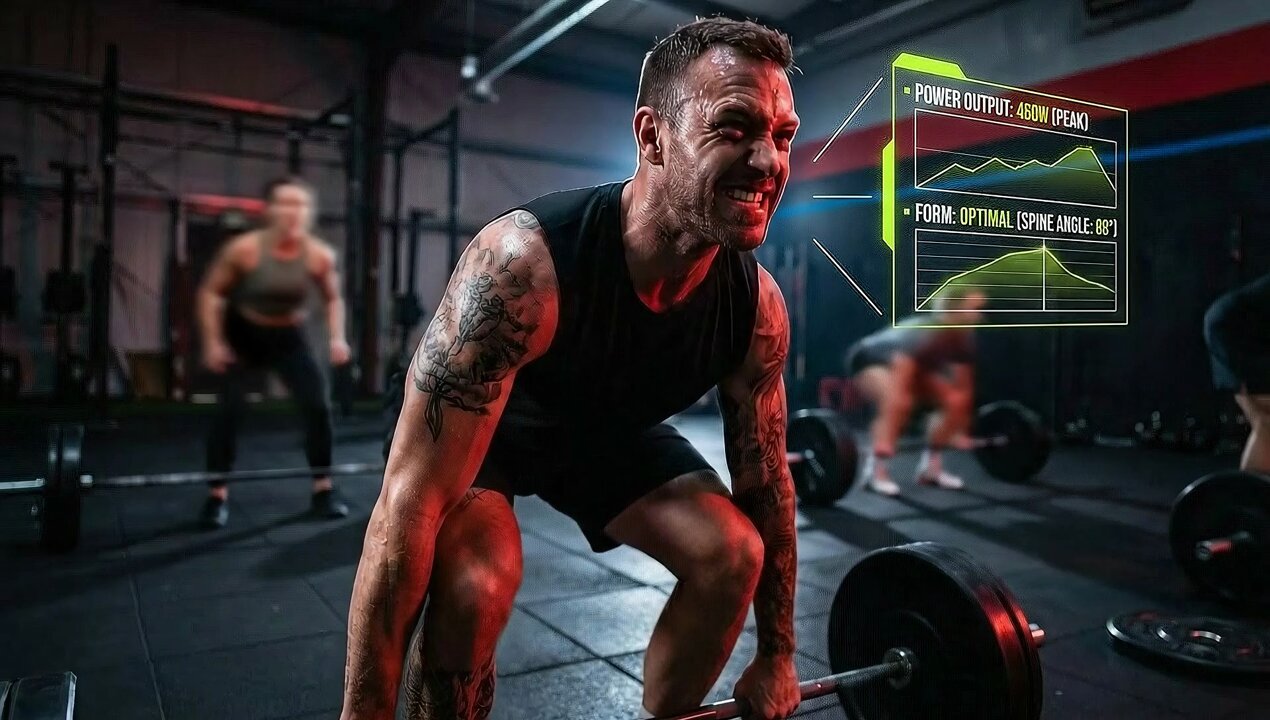 Man Deadlifting in a Gym with Dynamic HUD - AI generated image