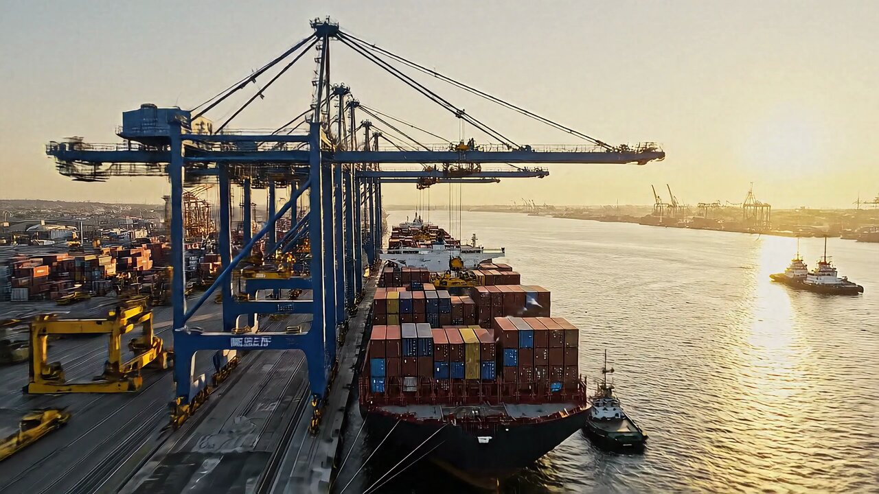 Crane-to-ground transition at a shipyard at dawn in epic industrial cinematic realism style - AI generated image