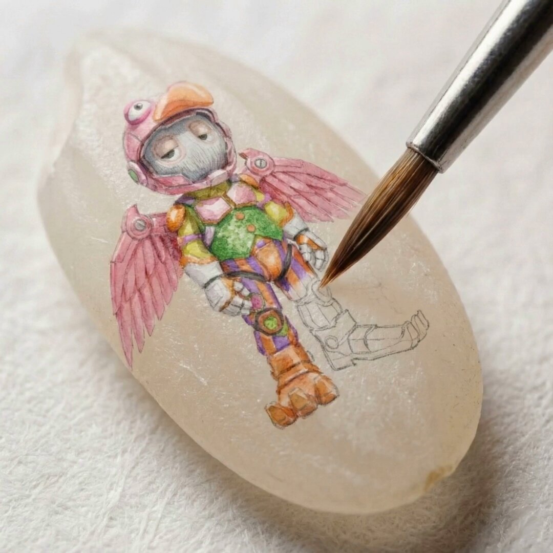 Hyper-detailed Macro View of an In-progress Rice-Grain Painting - AI generated image