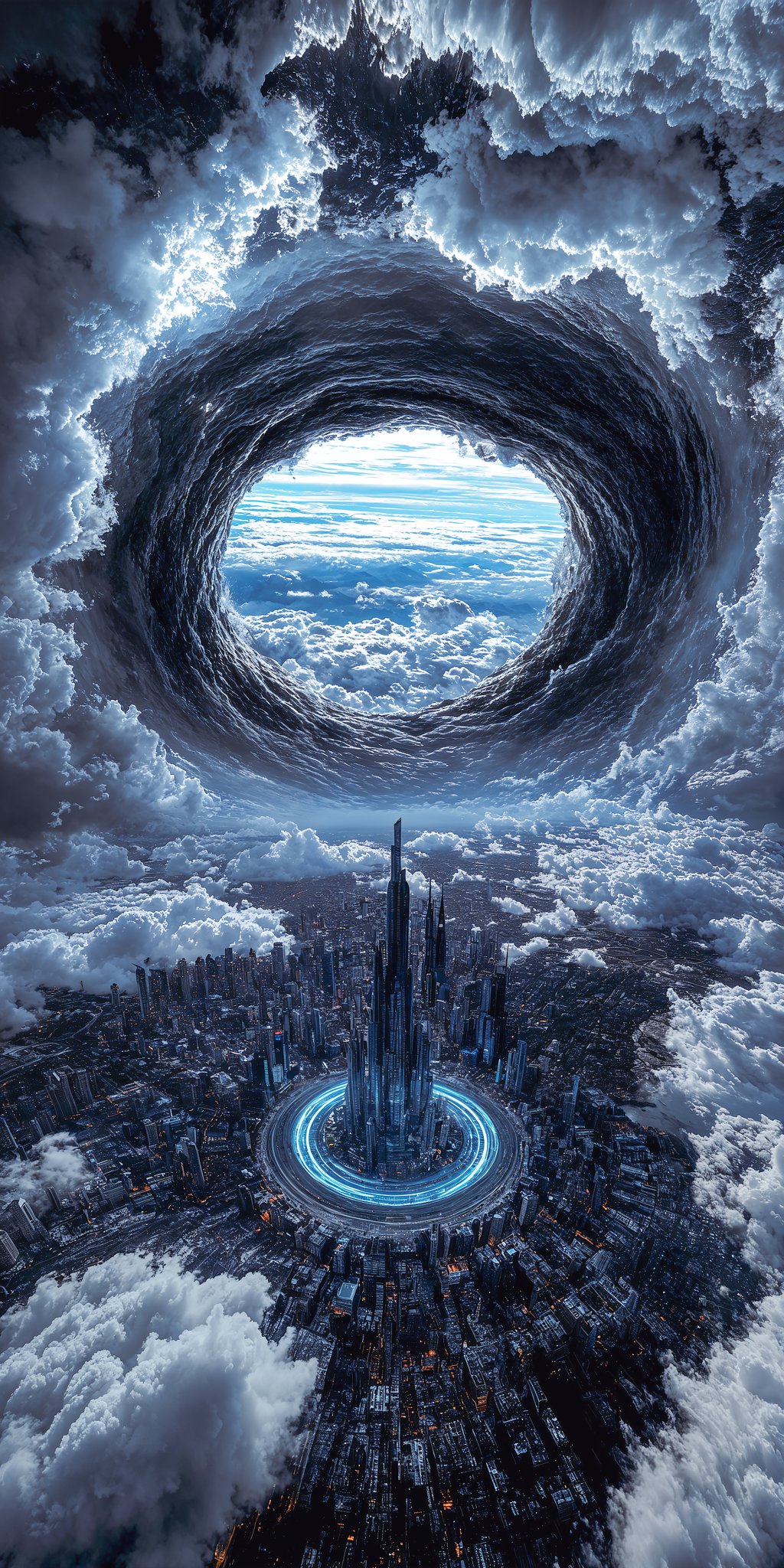 Giant Vortex Breaking Through Storm Clouds Over City - AI generated image