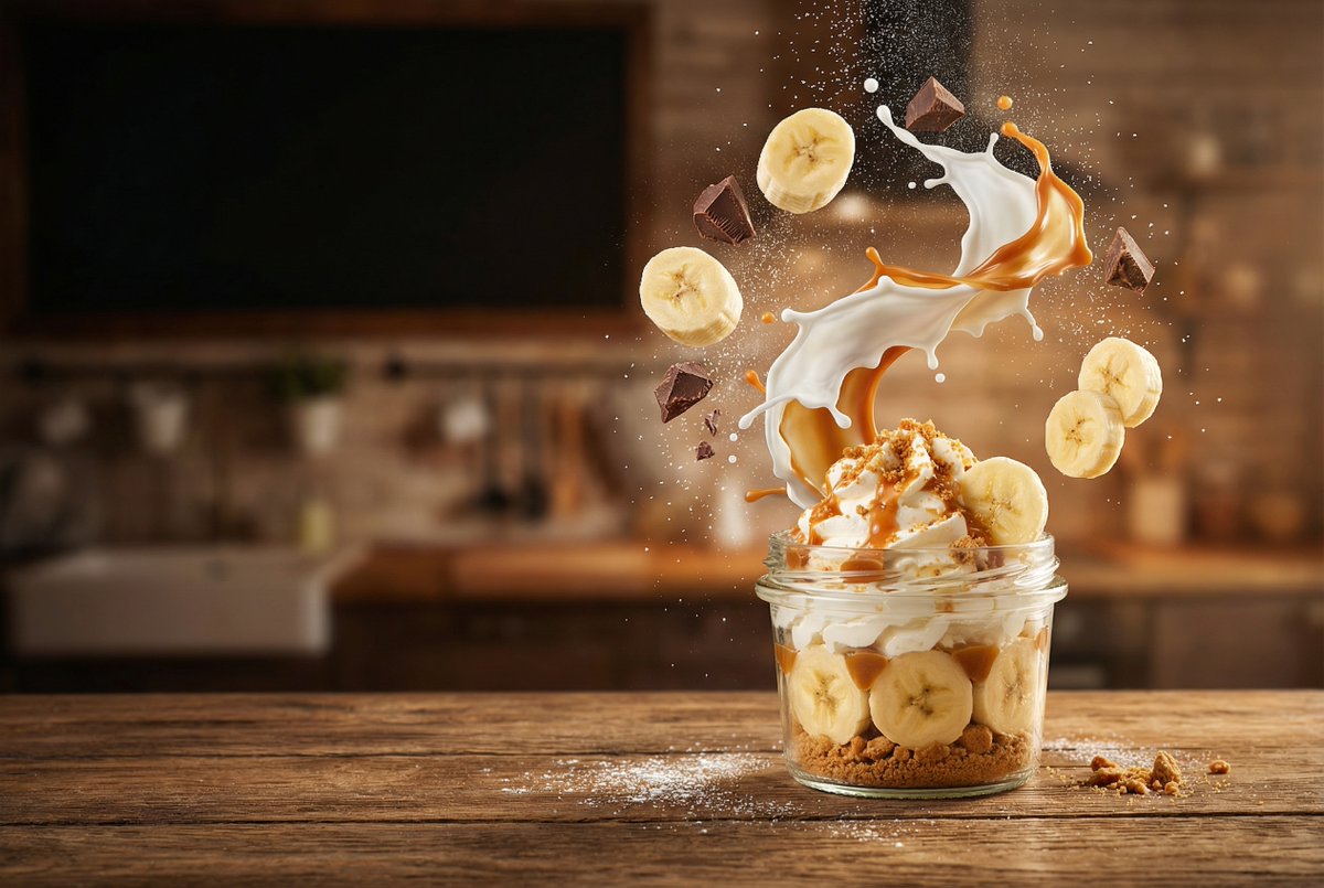 Advertising-style Food Photography with Floating and Frozen Motion on Rustic Table - AI generated image