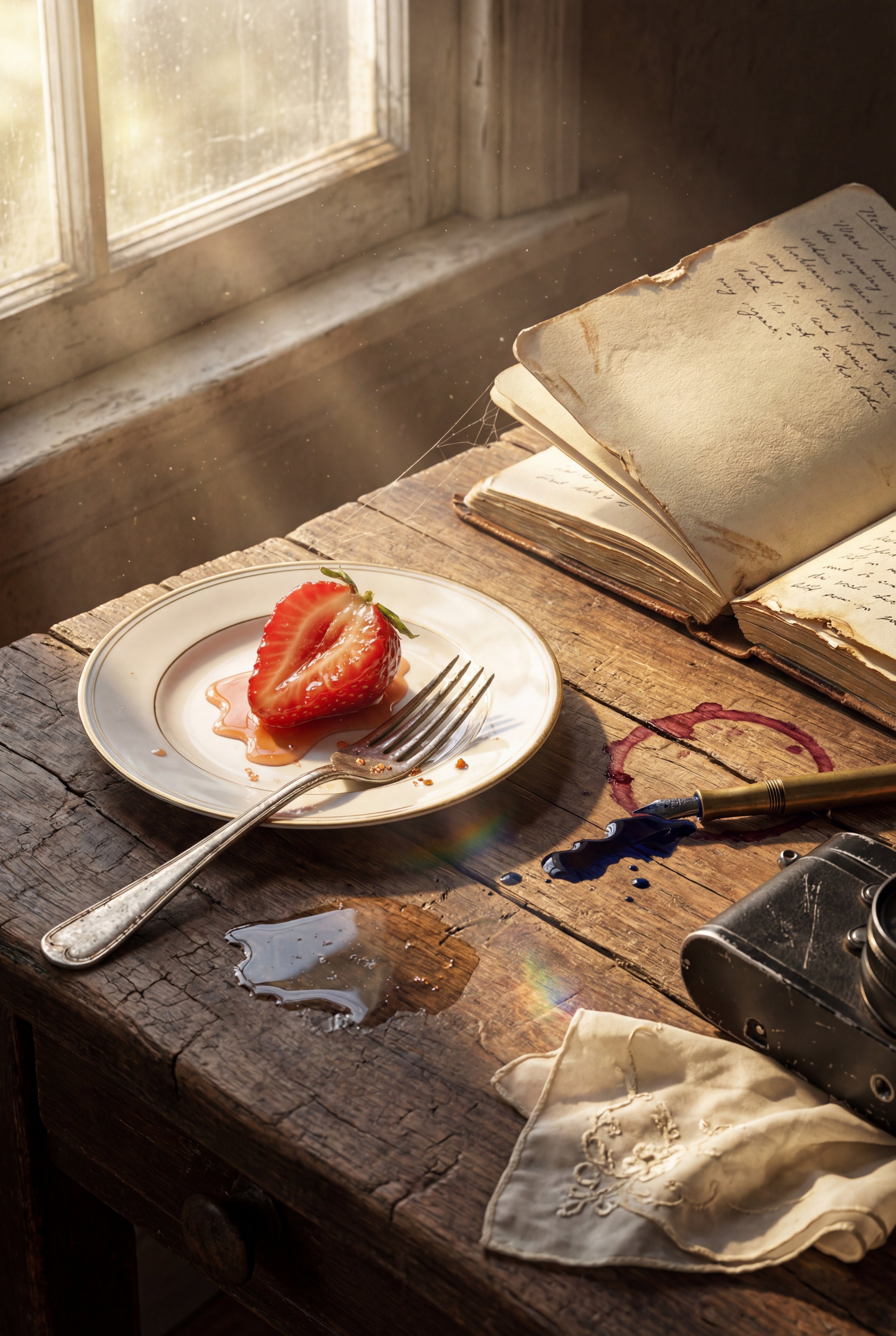 8K Morning Still Life on a 100-Year-Old Wooden Desk in Golden Sunlight - AI generated image