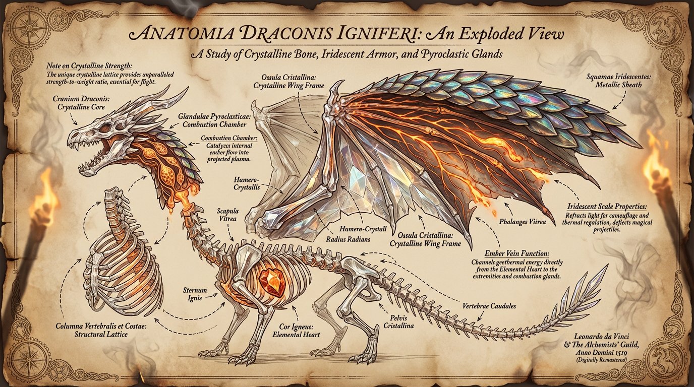 Exploded View Illustration of a Dragon's Anatomy - AI generated image