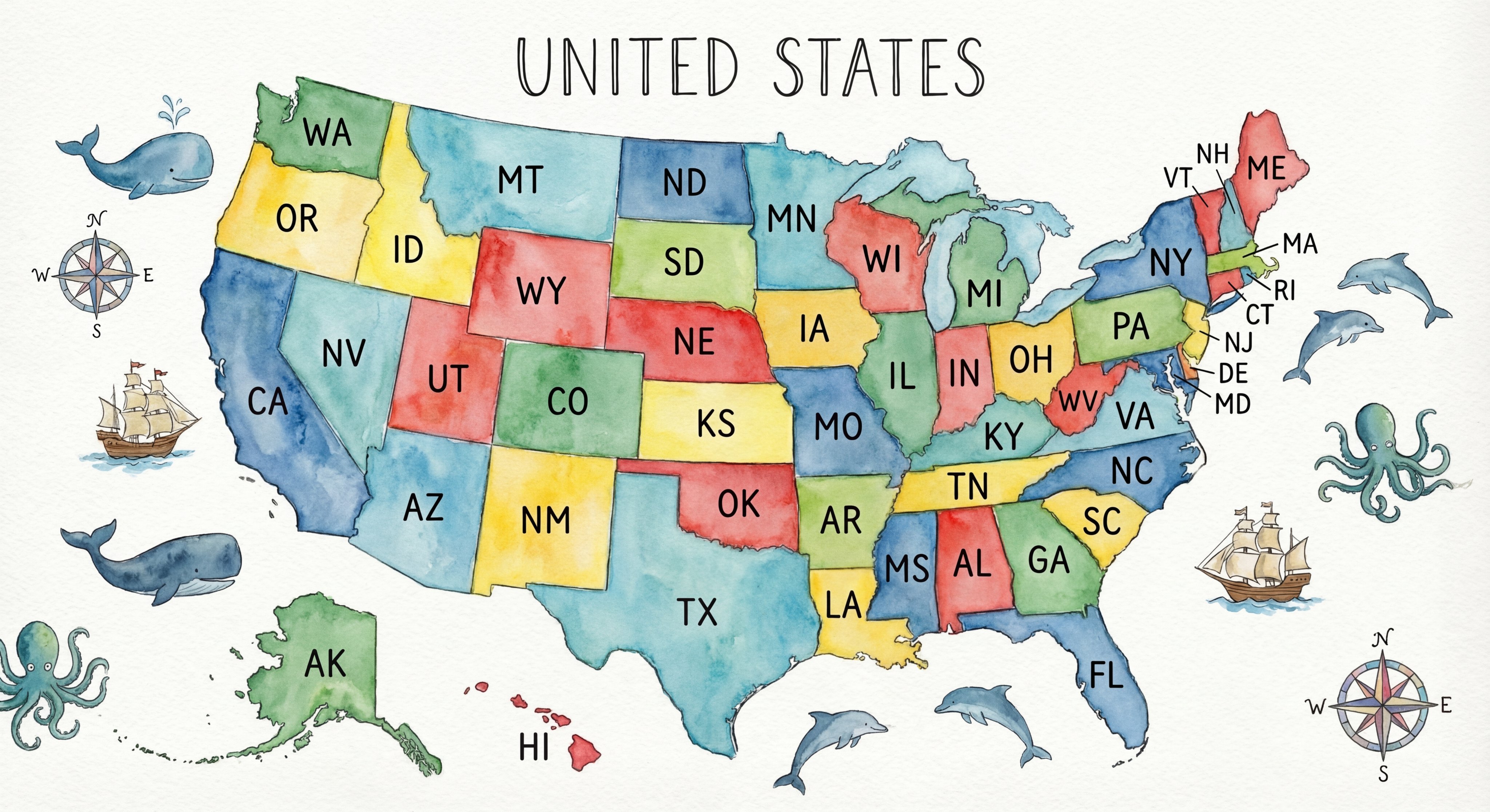 Nano Banana Pro Full US Map with State Abbreviations in Watercolor Style & Creative Illustrations - AI generated image