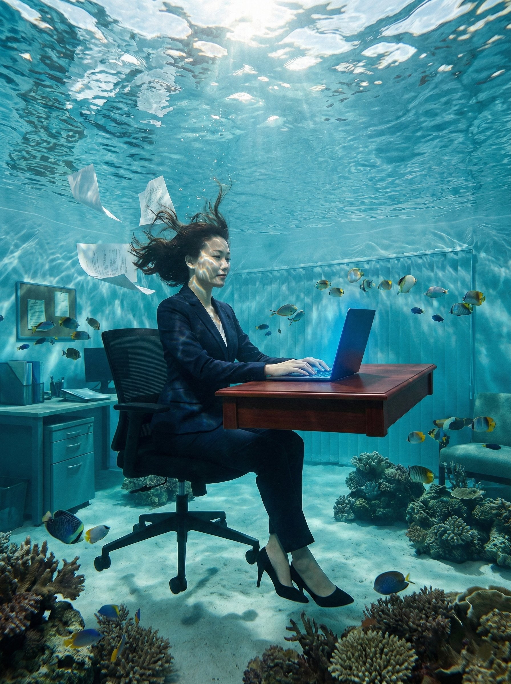 Surreal Underwater Office Scene - AI generated image
