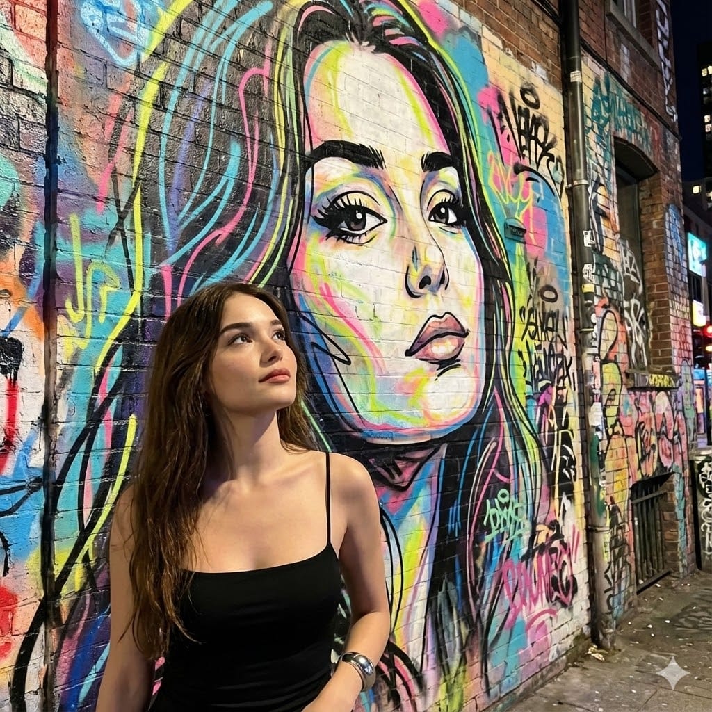 Dynamic Street-Art Scene with a Large Graffiti Portrait in the Reference - AI generated image