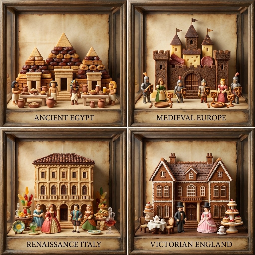 Historical Eras Recreated as Miniature Food Scenes - AI generated image