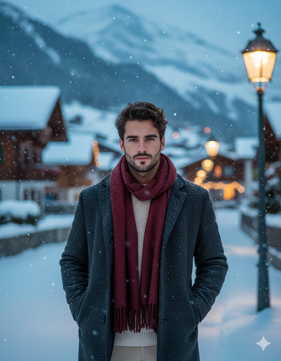 Hyper-realistic DSLR Cinematic Portrait of a Young Man in a Swiss Alpine Village During Winter Evening - AI generated image