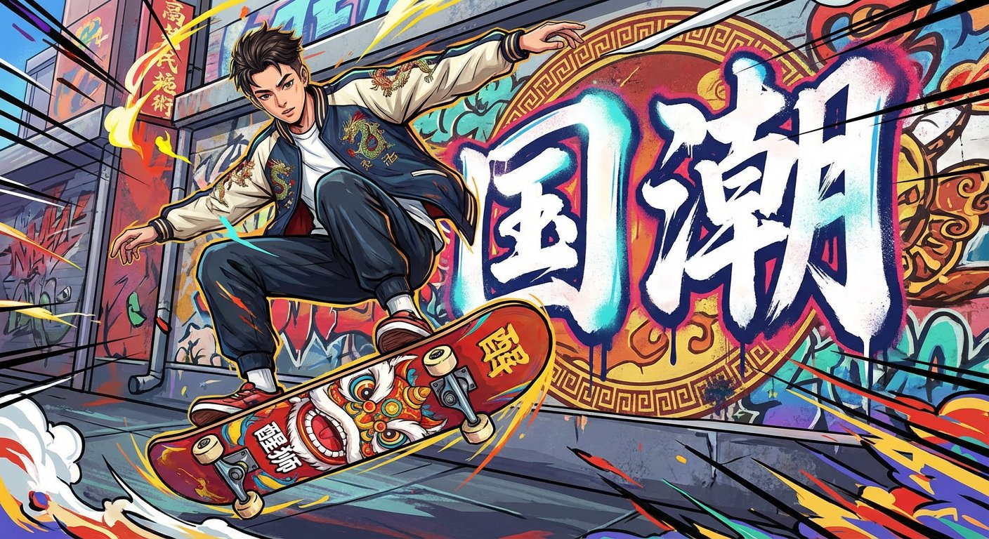 Avant-Garde Illustration: Skateboard Kid with Lion Mask Pattern - AI generated image