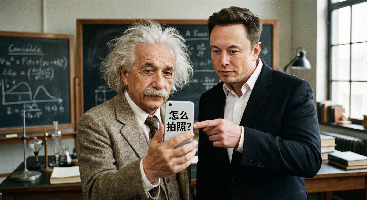 Musk Teaching Einstein to Take Photos - AI generated image