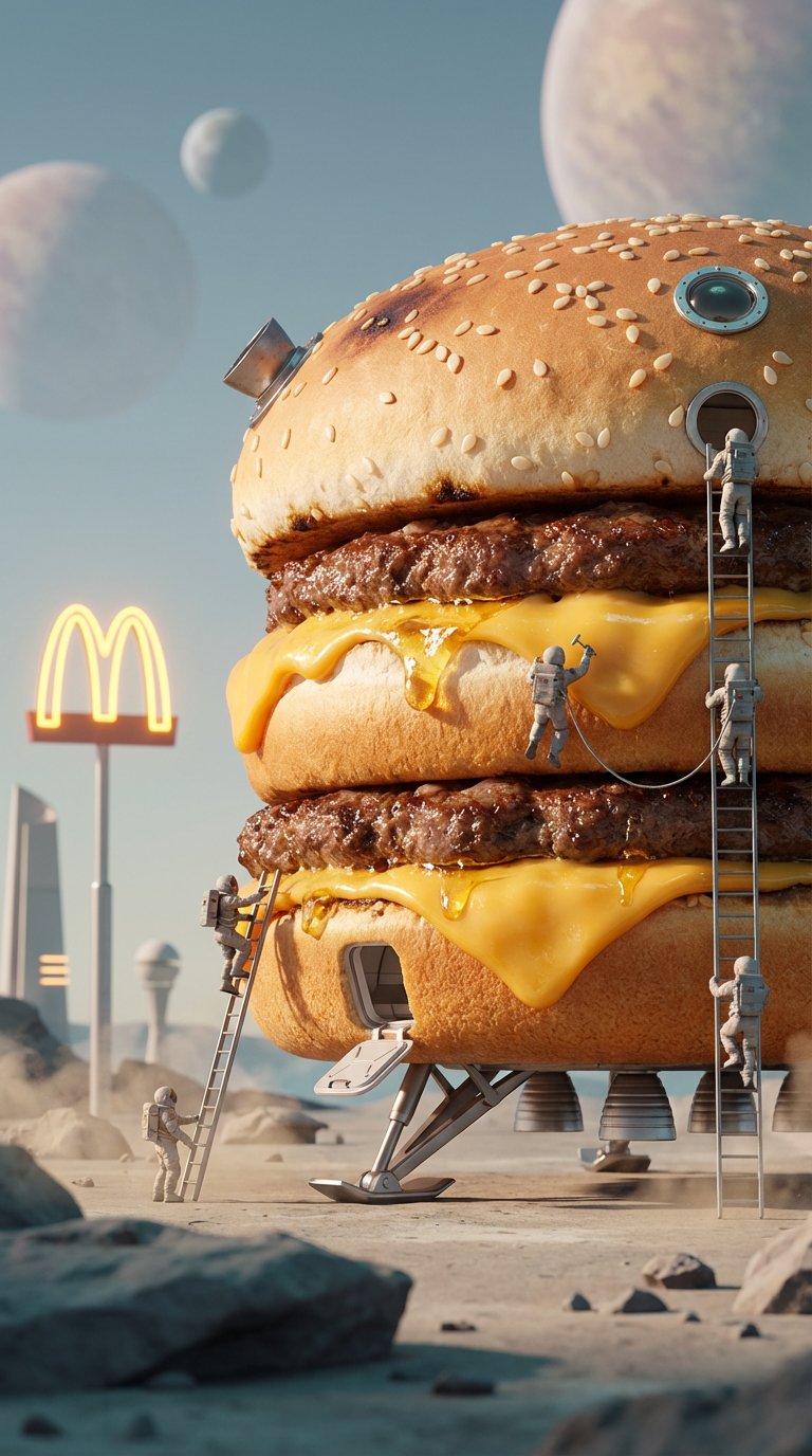 Space Hamburger Spaceship Landing on Alien Desert - AI generated image