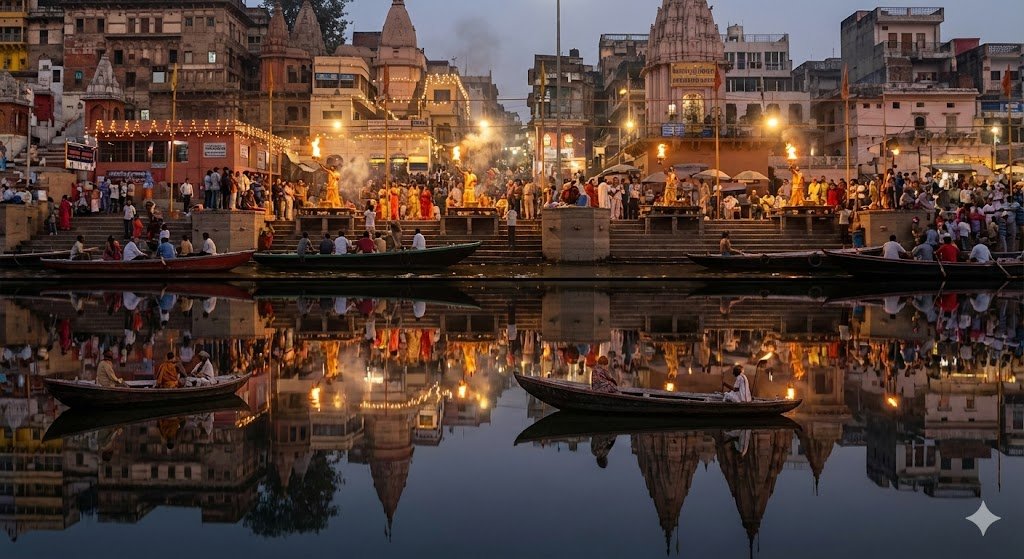 Historical and Modern Convergence: Varanasi Evening Aarti Night Scene - AI generated image