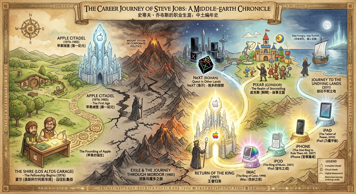 The Lord of the Rings-Themed Map of Steve Jobs' Career - AI generated image