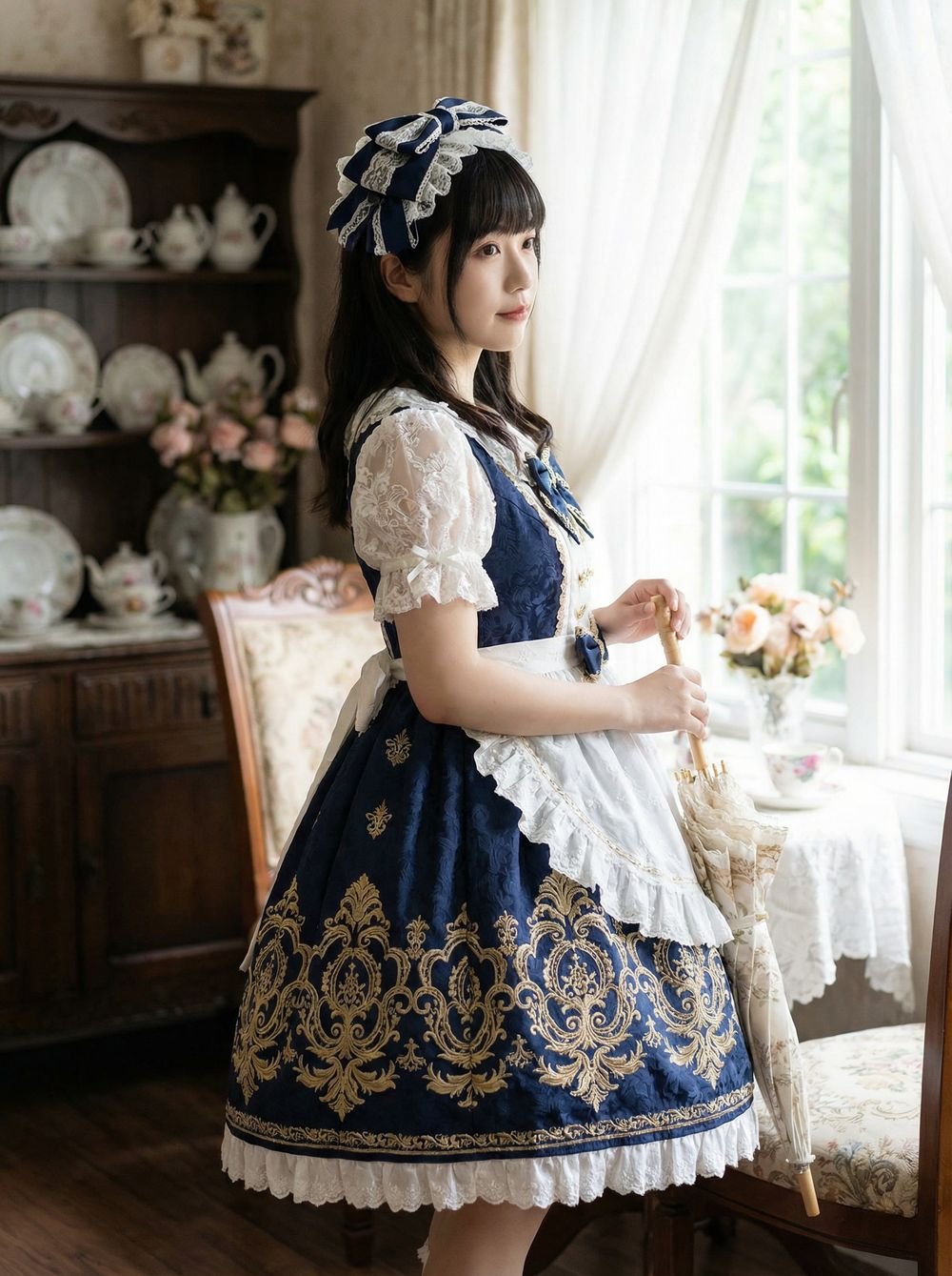 Japanese Lolita Style: Navy Blue and White Puff Sleeve Dress - AI generated image
