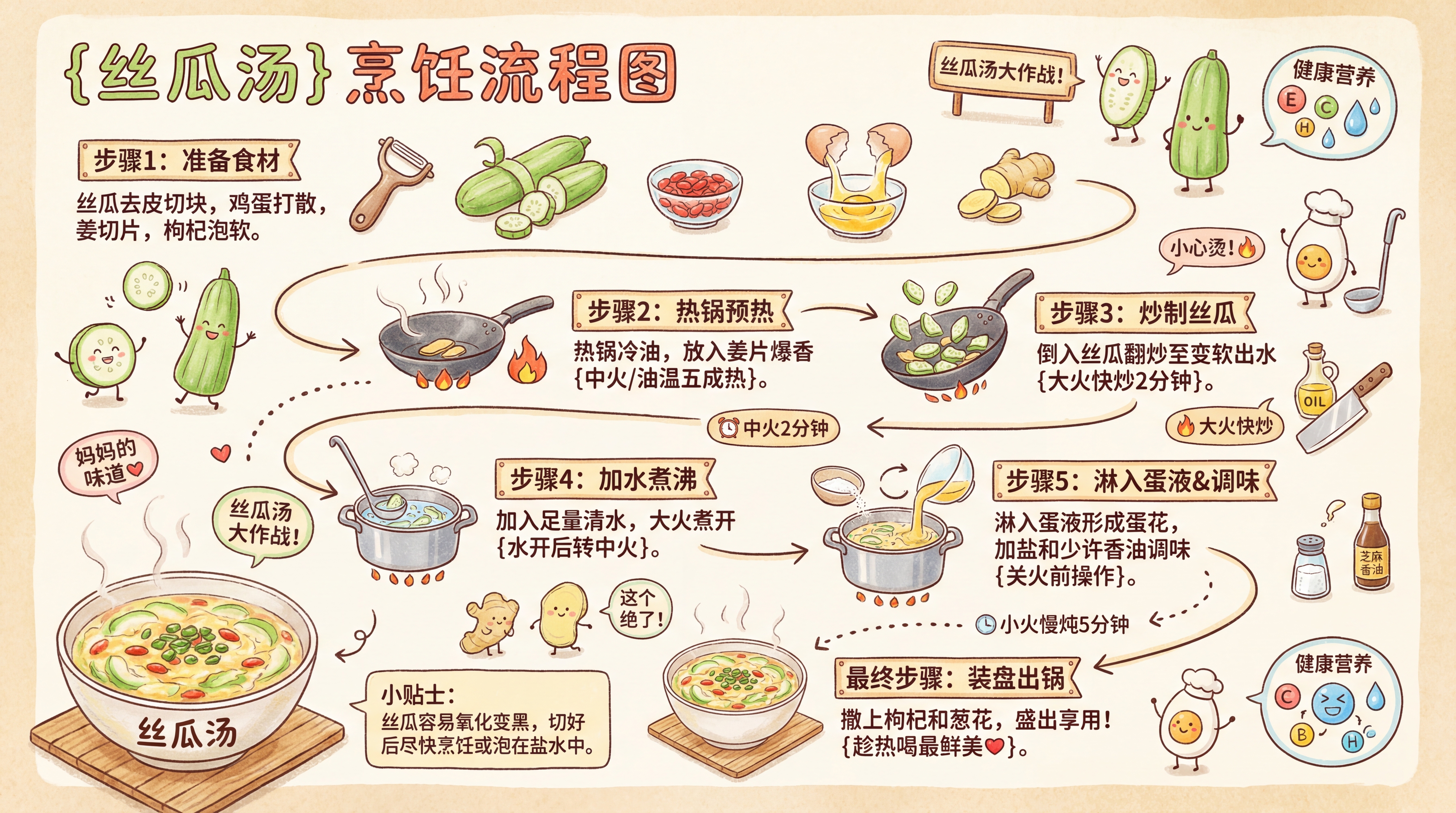 Warm Hand-Drawn Recipe Cooking Process Illustration - AI generated image