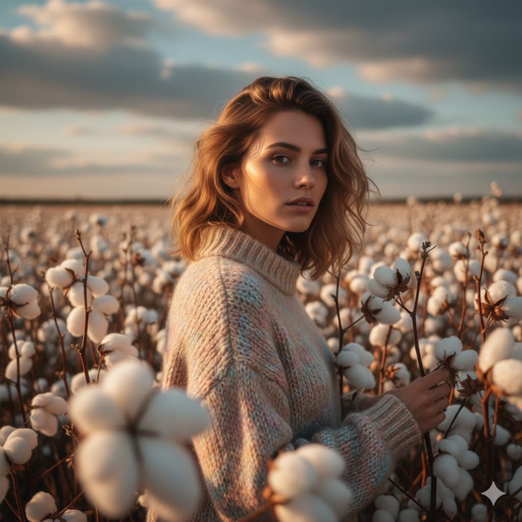 Ultra-Realistic Portrait of a Young Woman in a Cotton Field During Golden Hour - AI generated image