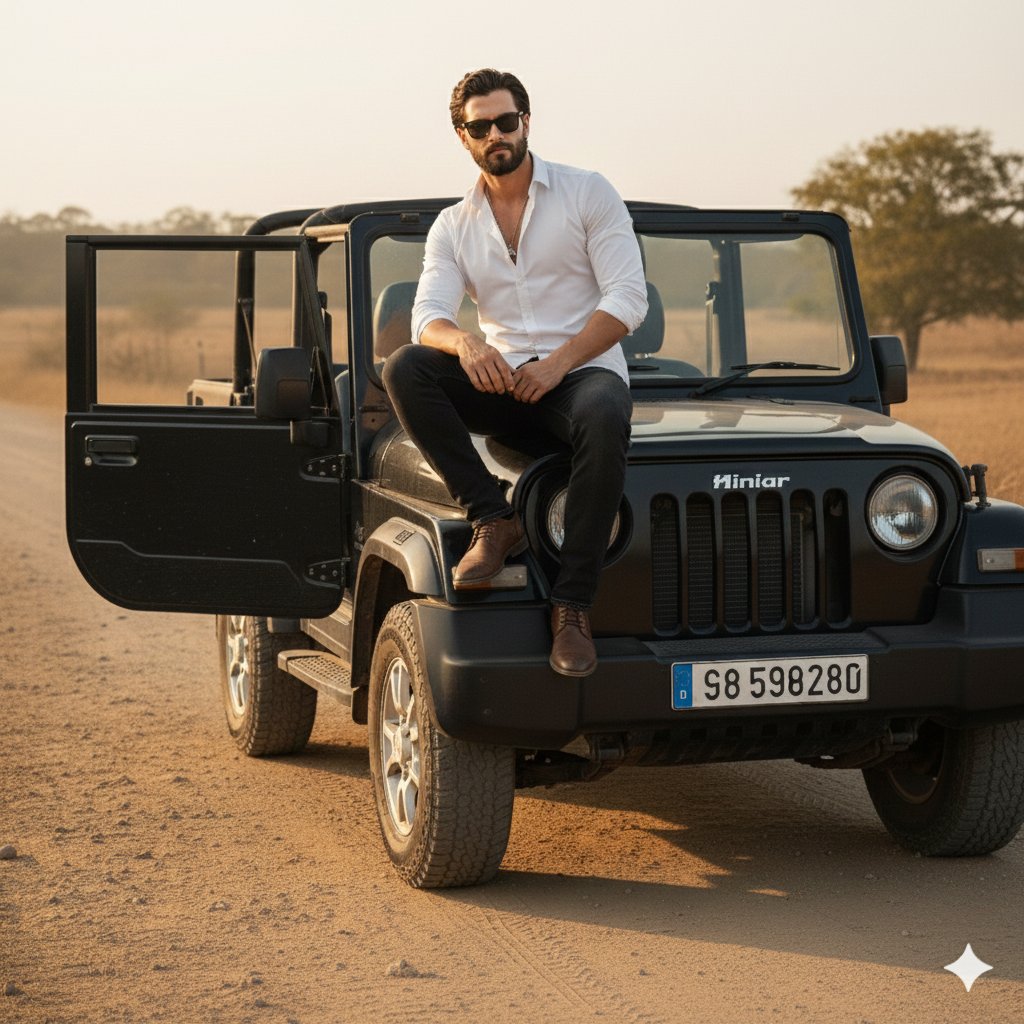 Cinematic Photography: Stylish Young Man Driving a Black Open-Top Jeep - AI generated image