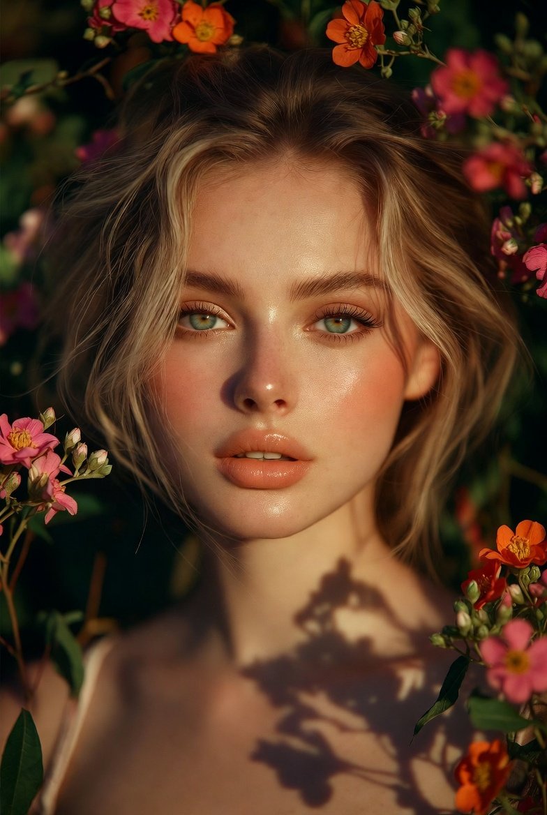 High-Definition Editorial Portrait of a Young Russian Blonde Woman in a Floral Garden During Golden Hour - AI generated image