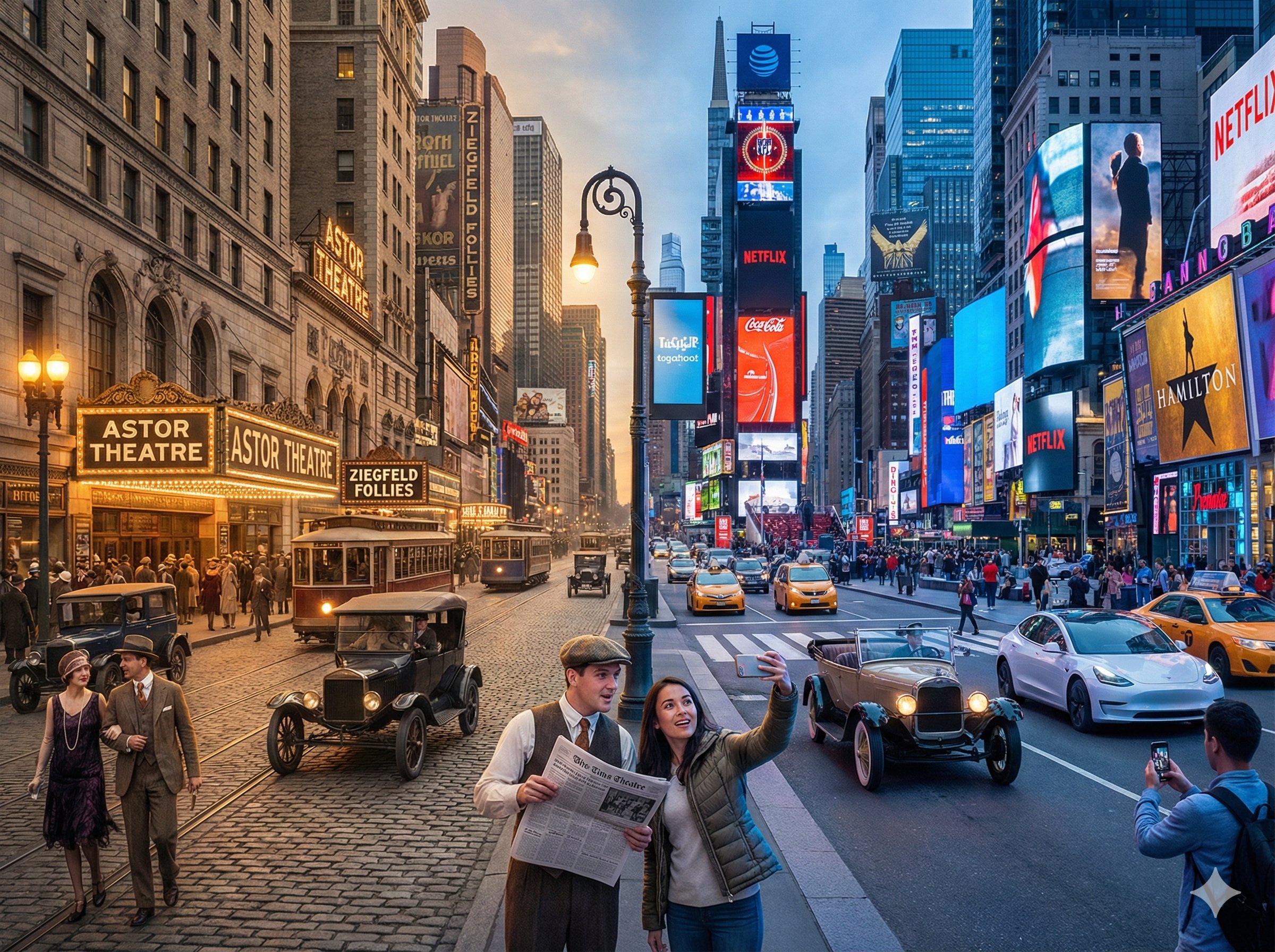 Time-Travel Contrast: 1920s vs. Present Day at Times Square, New York - AI generated image