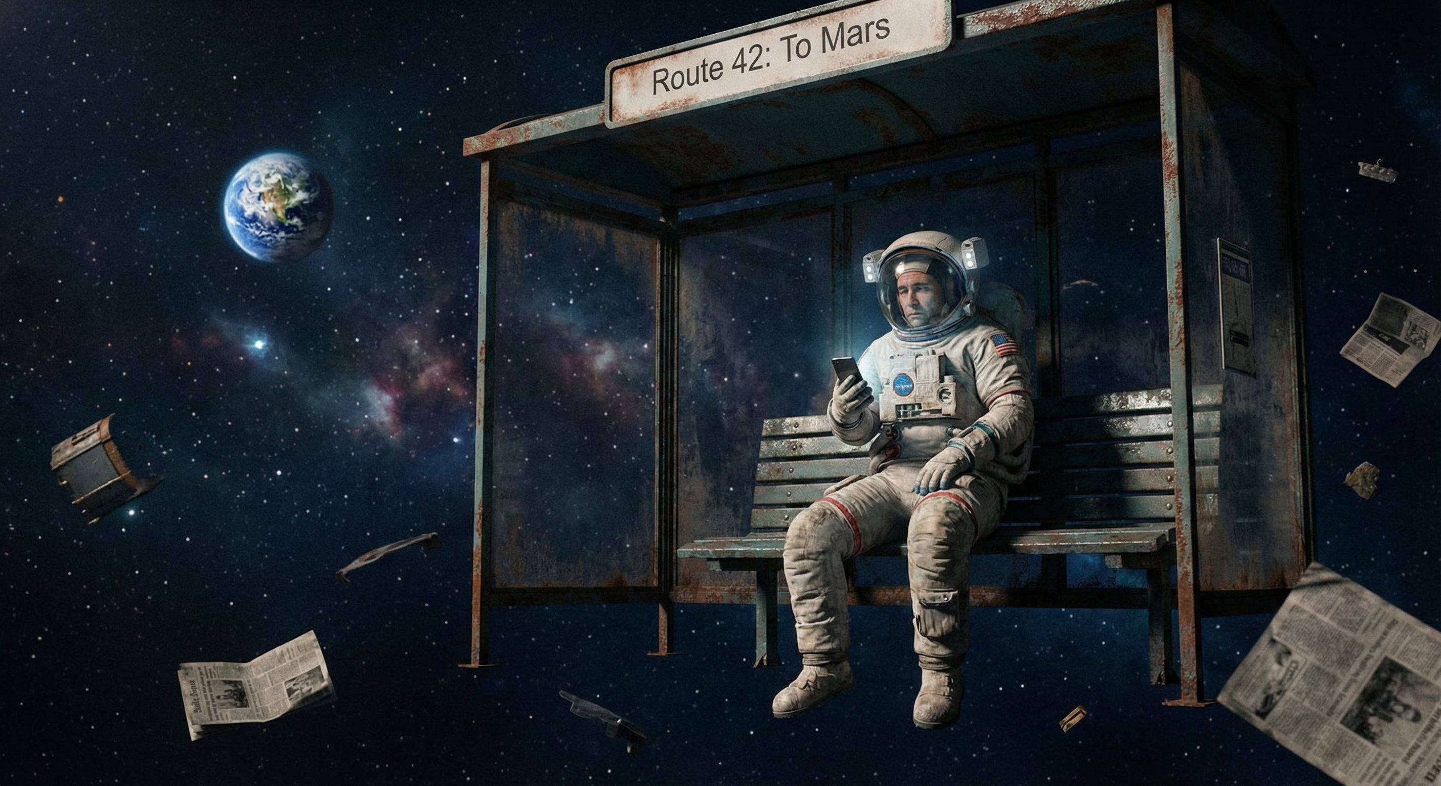 Lonely Astronaut Waits at Space Bus Stop for Mars Route 42 - AI generated image
