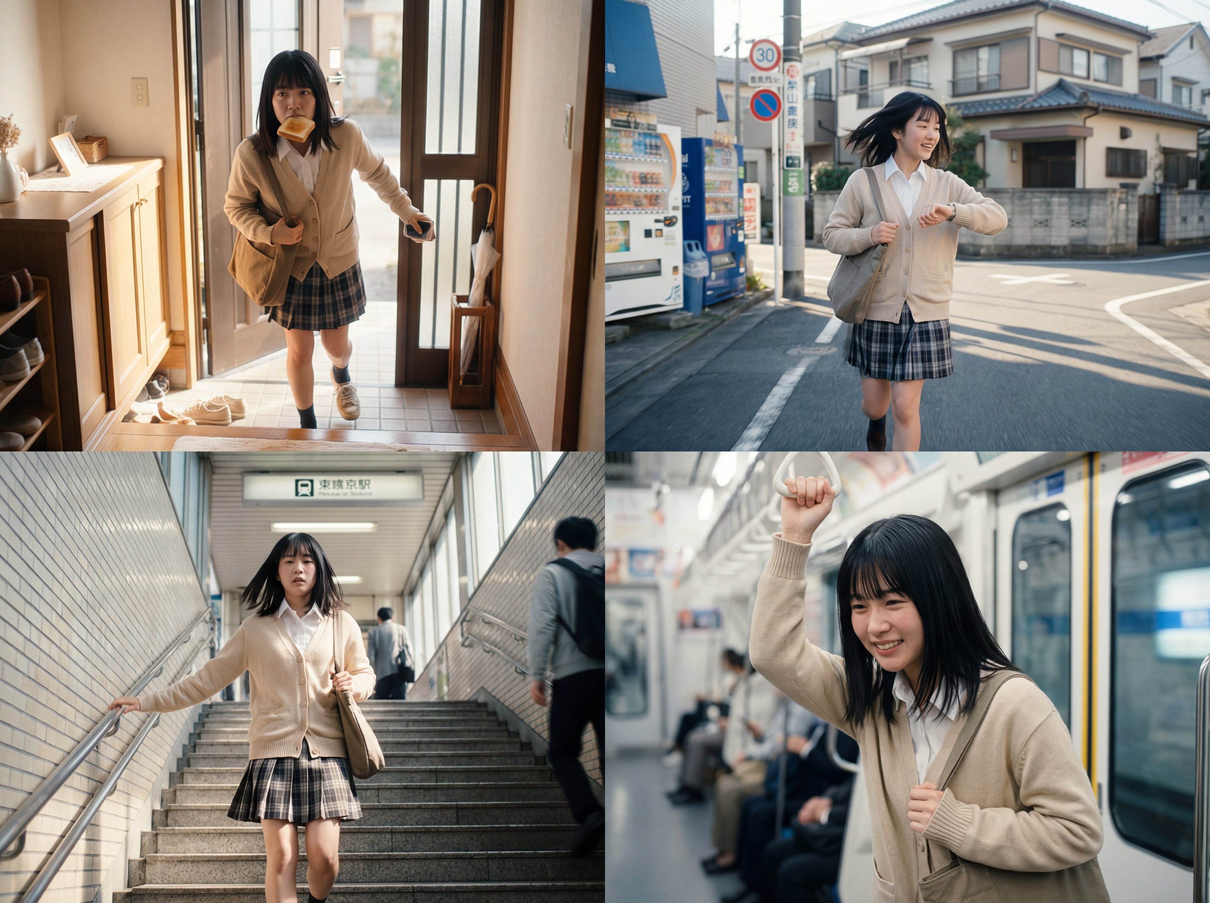 Four-Panel: Japanese Schoolgirl Rushing for the Subway - AI generated image