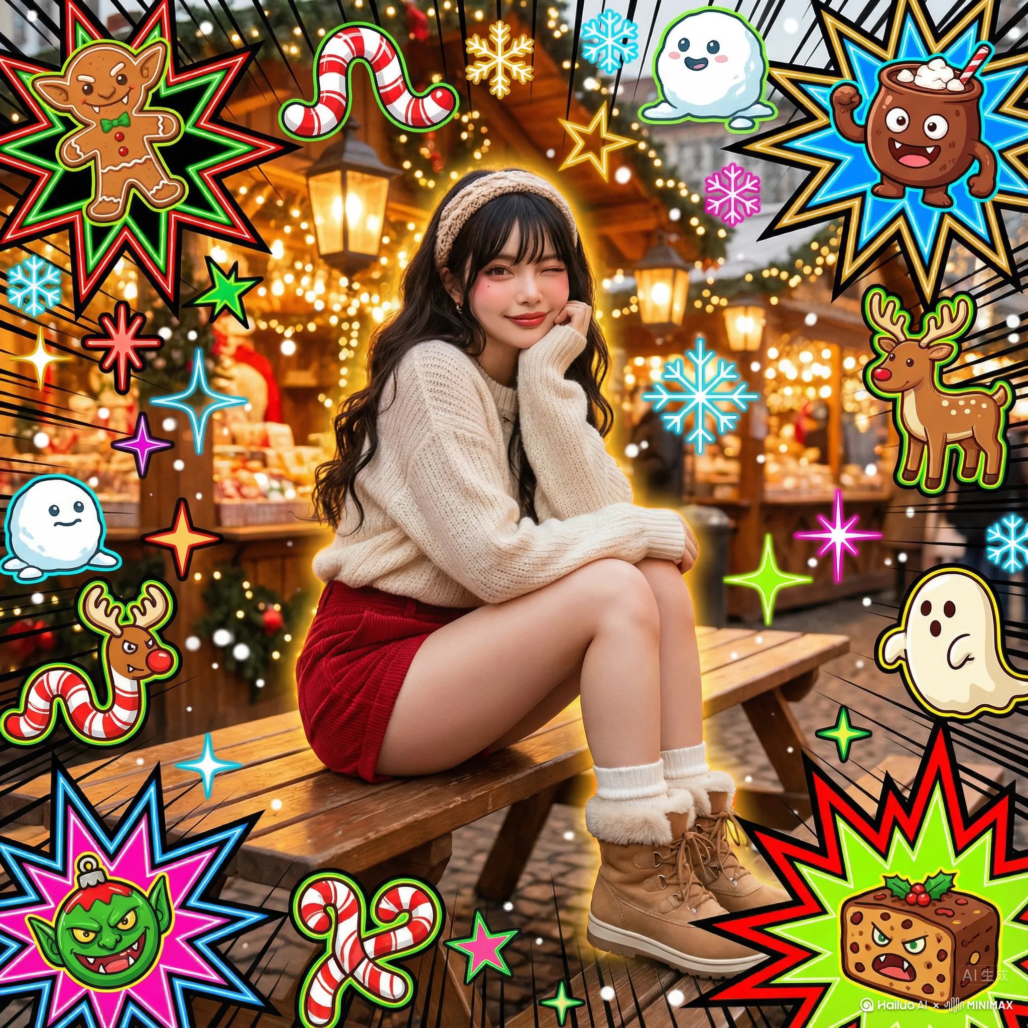 Realistic Portrait with Neon Monster Pop Art Illustration in Christmas Market - AI generated image