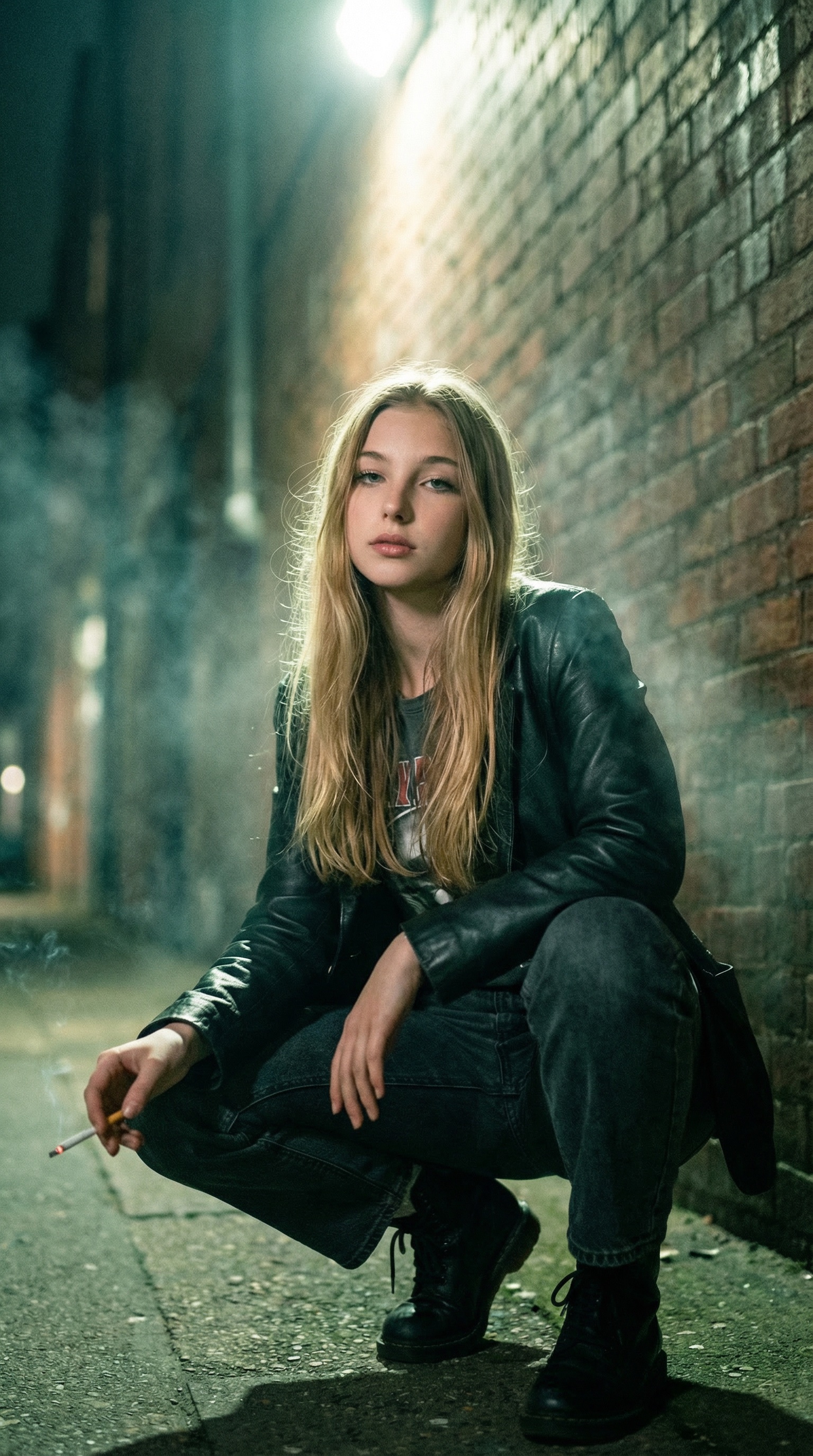Neon-Lit Urban Alleyway Portrait - AI generated image