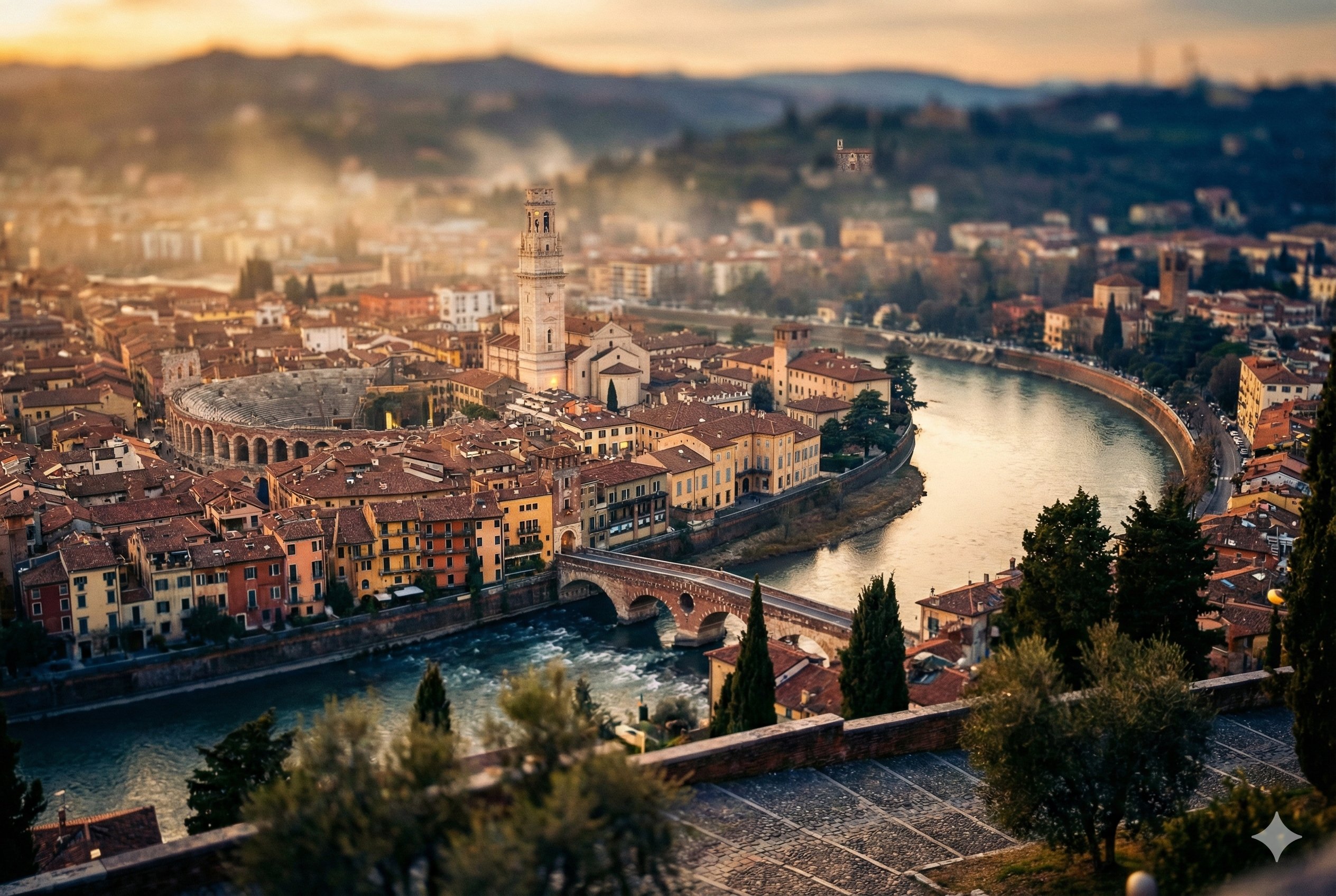 Masterpiece Tilt-Shift Photograph of Verona at Golden Sunset - AI generated image