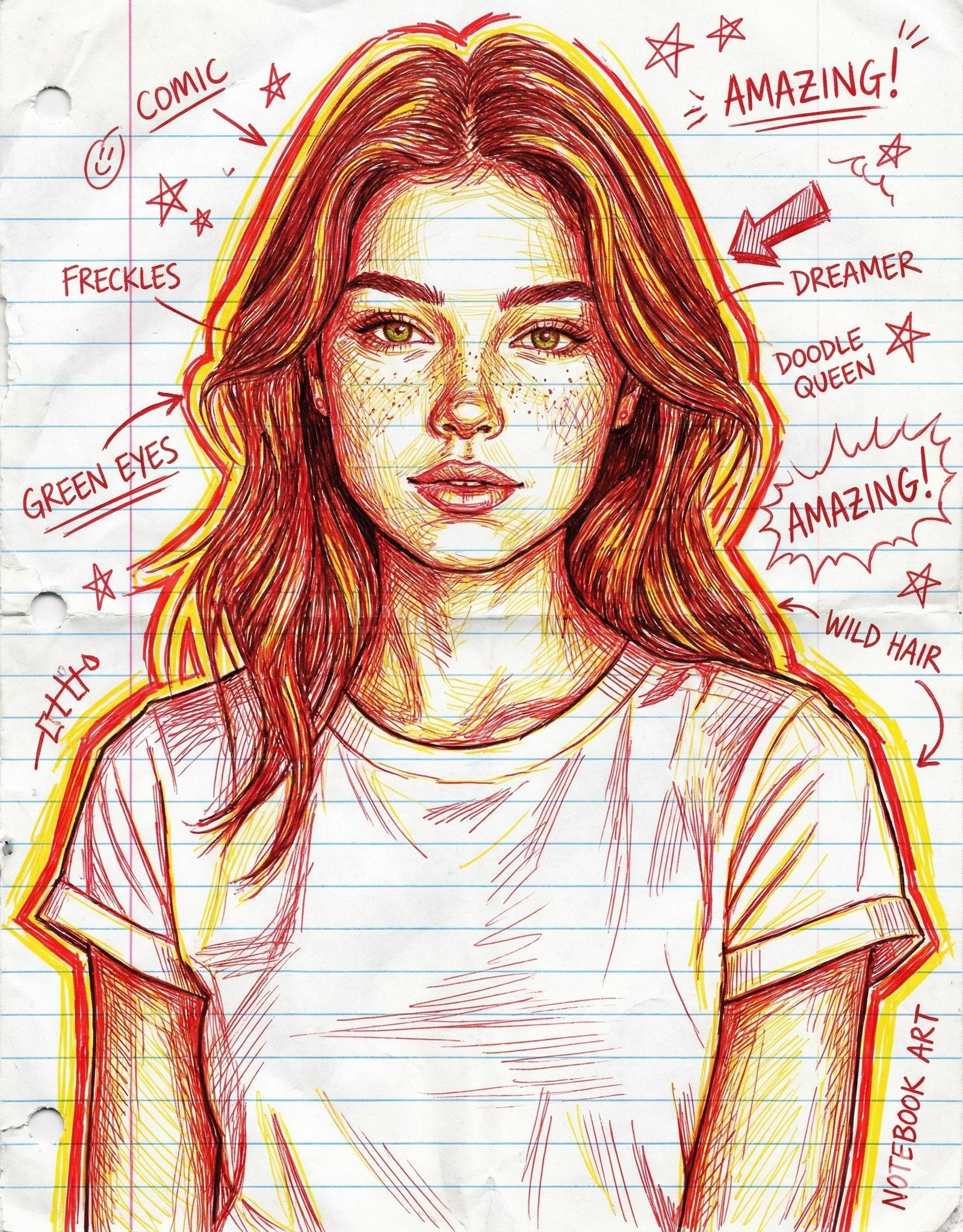 Hand-Drawn Portrait Illustration in Red and Yellow Pen: Inspired by Doodle Art and Comic Annotations - AI generated image