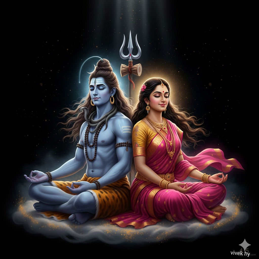 Divine Art of Lord Shiva and Goddess Parvati in Meditation - AI generated image
