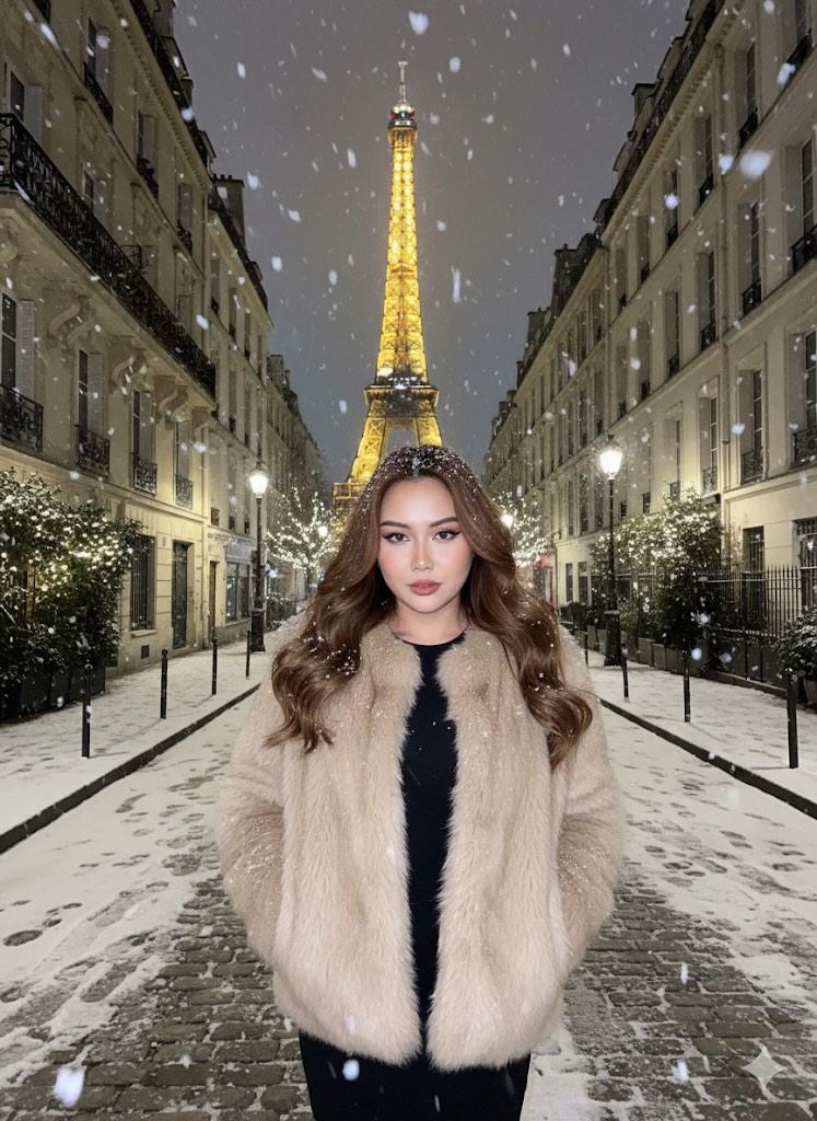 A Beautiful Young Woman in Snowy Night Scene with Eiffel Tower in Paris - AI generated image