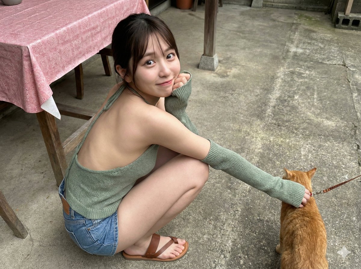 Young Asian Girl Squatting in Concrete Courtyard - AI generated image