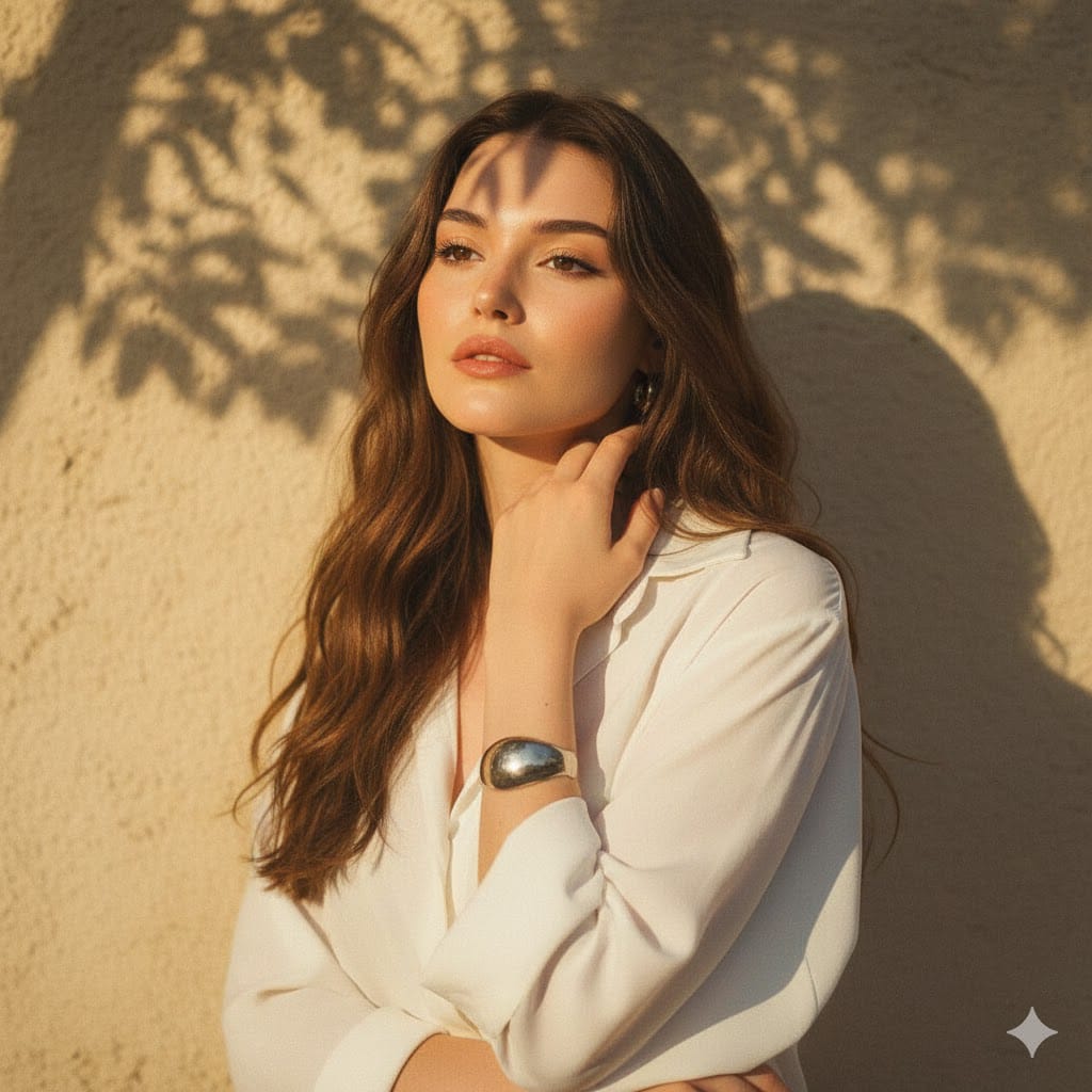 Golden Hour Portrait with Tree Shadows on Wall - AI generated image