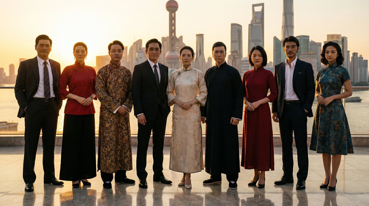 Group Photo in Famous Clothes at Shanghai Bund - AI generated image