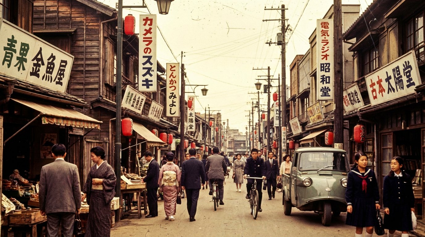 Drawing a Japanese Neighborhood Shopping Street in the Era of High Economic Growth with Nano Banana Pro - AI generated image