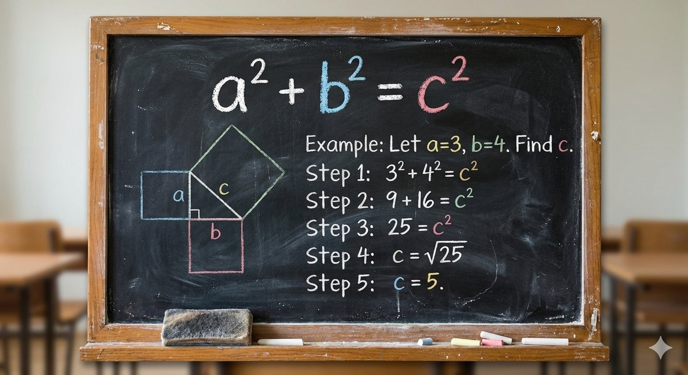 Step-by-Step Solution of Pythagoras Theorem on a Classroom Blackboard - AI generated image