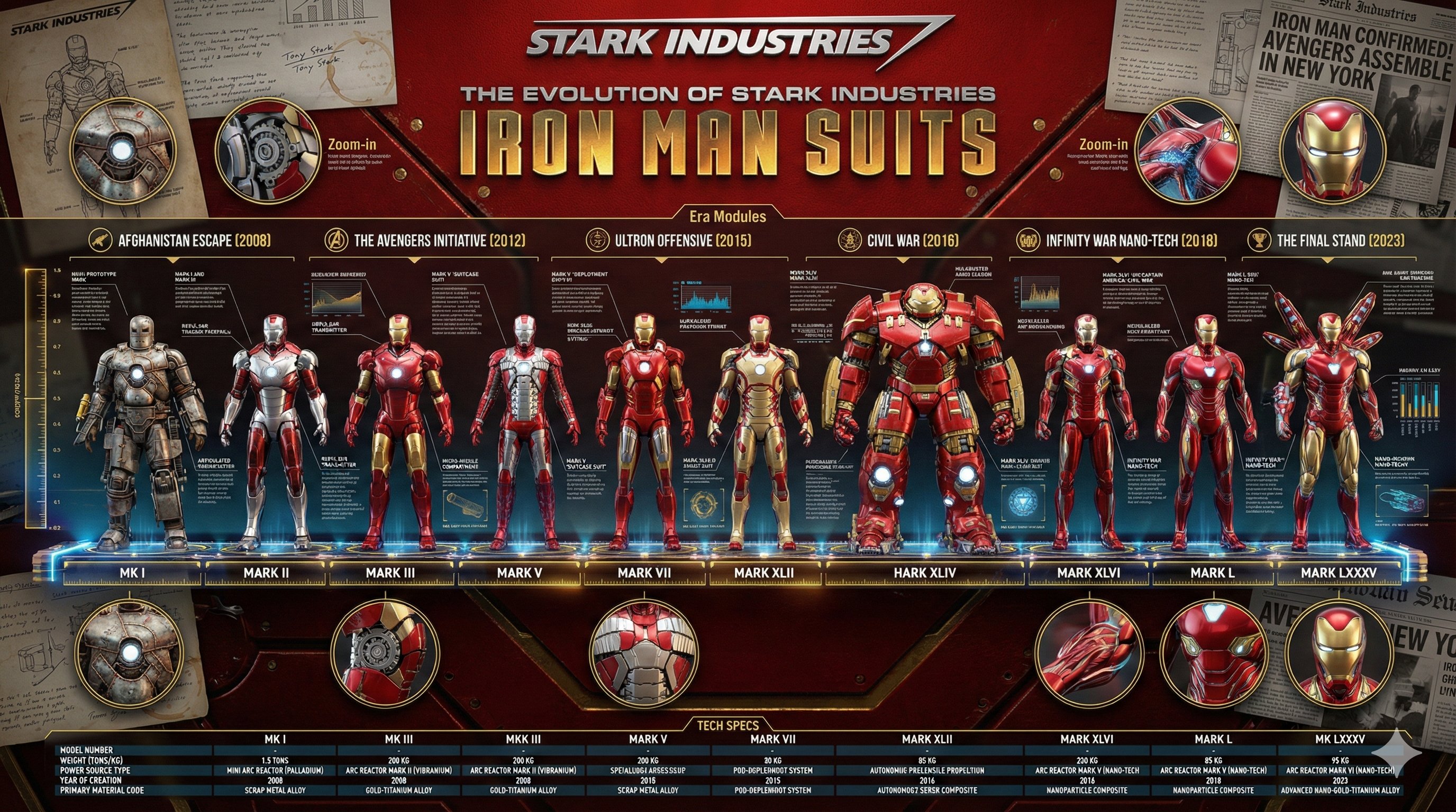 The Evolution of Stark Industries Iron Man Suits: A 3D Infographic Poster - AI generated image