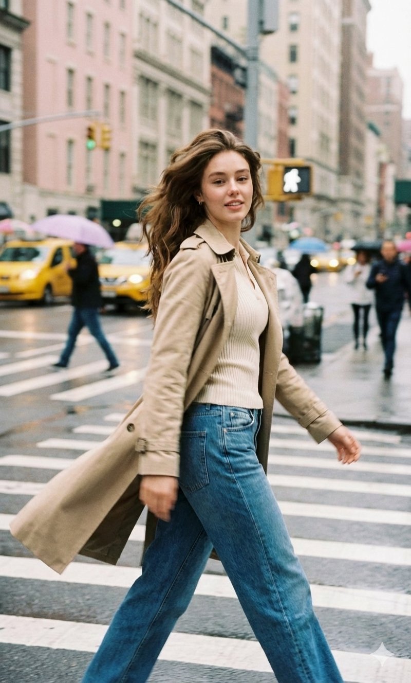 Cinematic Street Photography with Stylish Young Woman in Motion - AI generated image