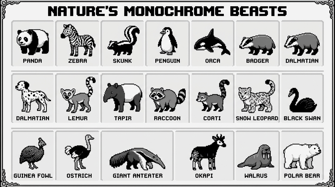 Comparing the Image Generation Capabilities of Four AI Platforms: Pixel Art of Natural Black and White Animals - AI generated image