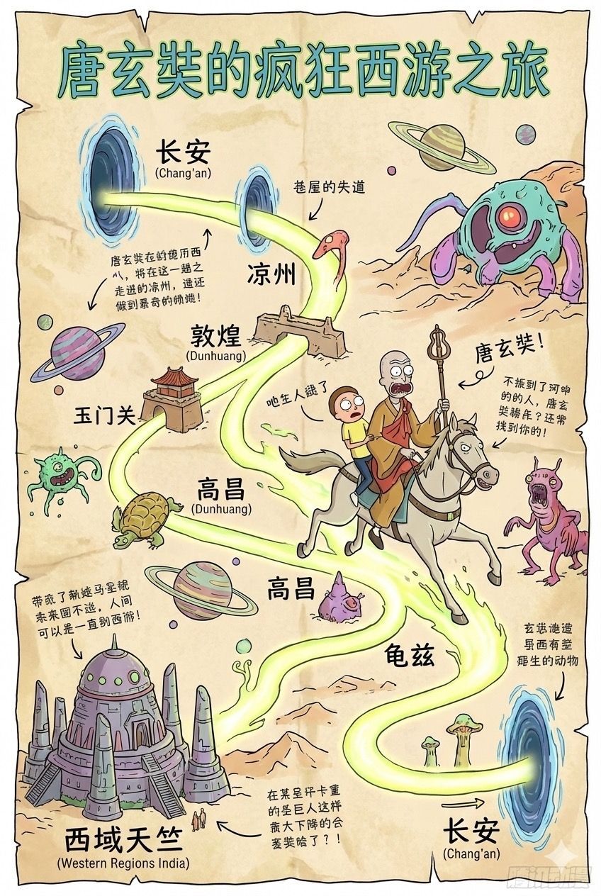 Tang Xuanzang's Journey to the West: Rick and Morty Style Route Map - AI generated image