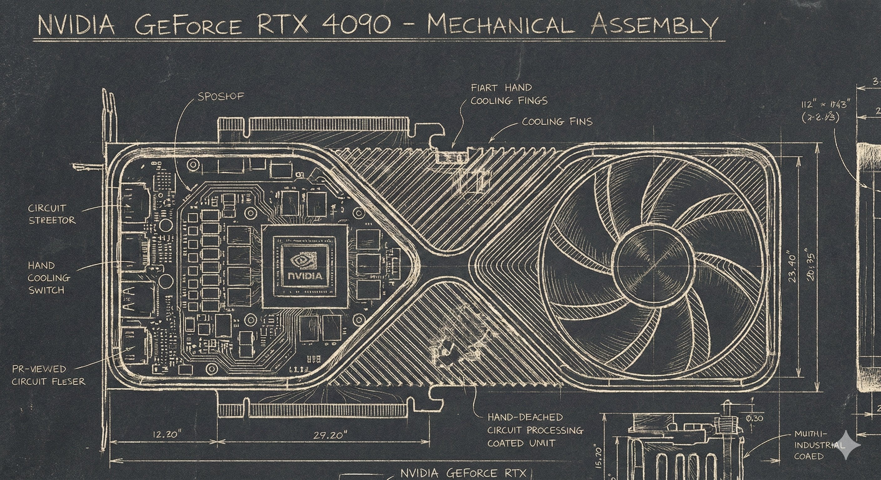 Sgraffito Mechanical Blueprint of NVIDIA 4090 GPU - AI generated image
