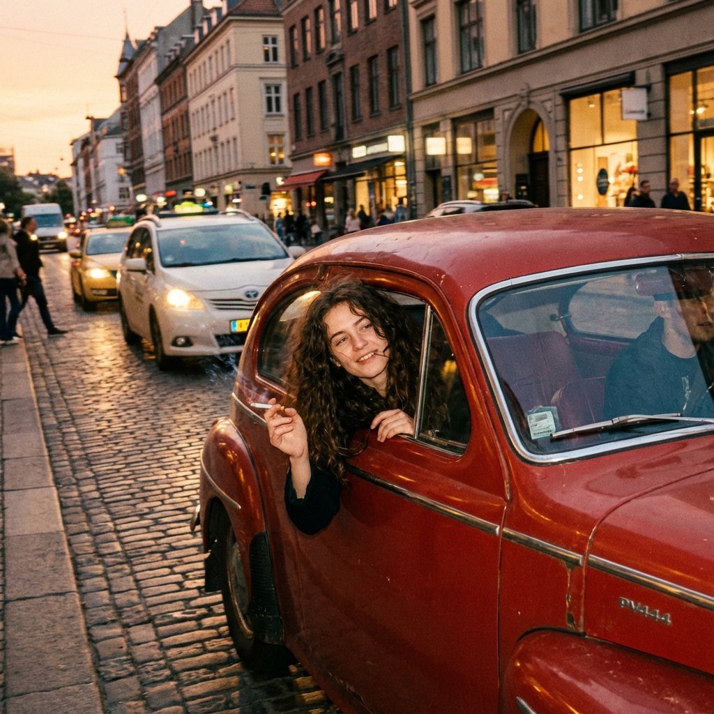 Young Woman Leaning Out of Vintage Car Window on European City Street at Dusk - AI generated image