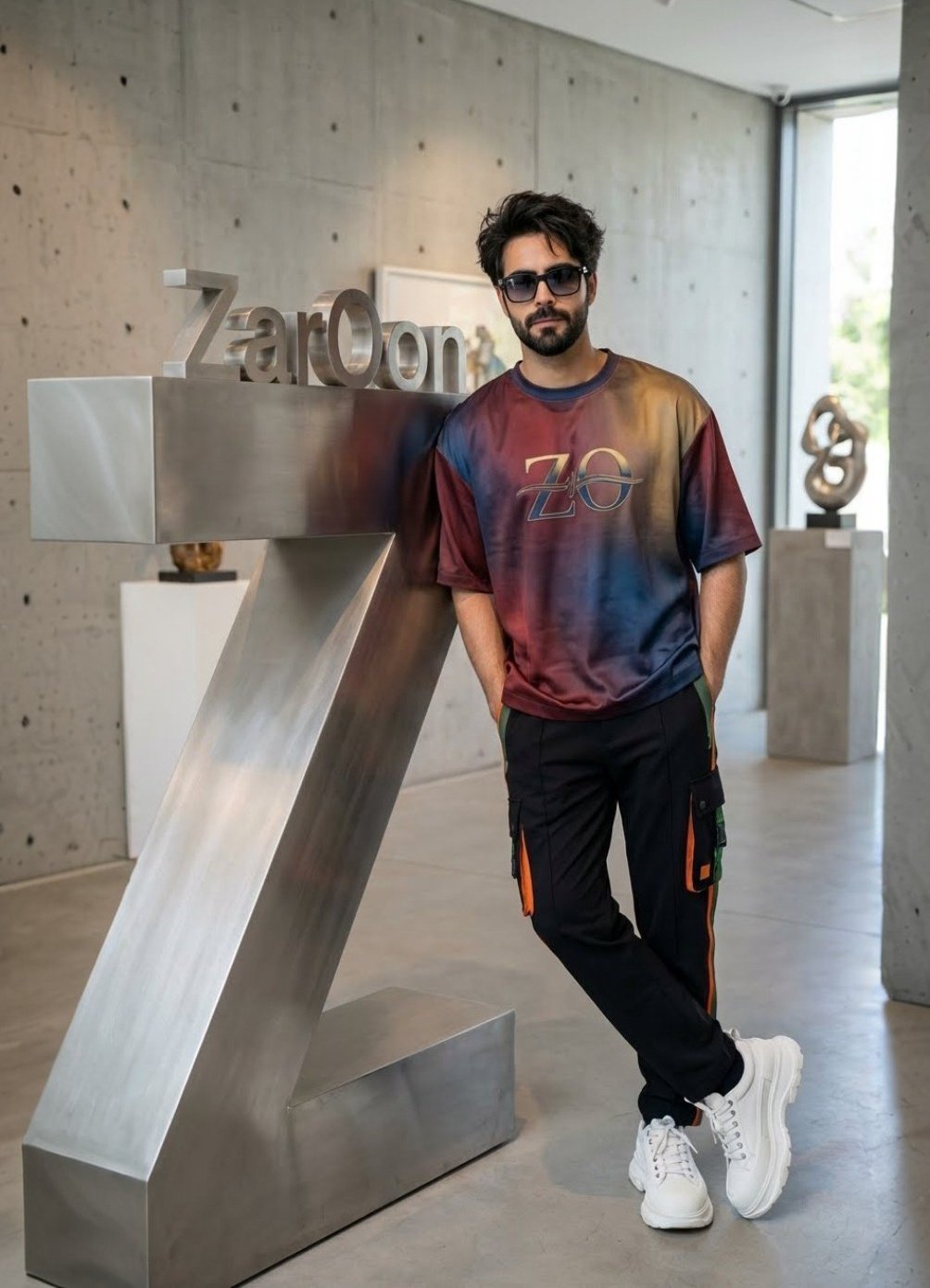 Modern Industrial Art Gallery with Stylish Young Man - AI generated image